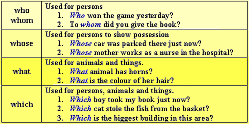 Learning about Interrogative pronouns with examples 