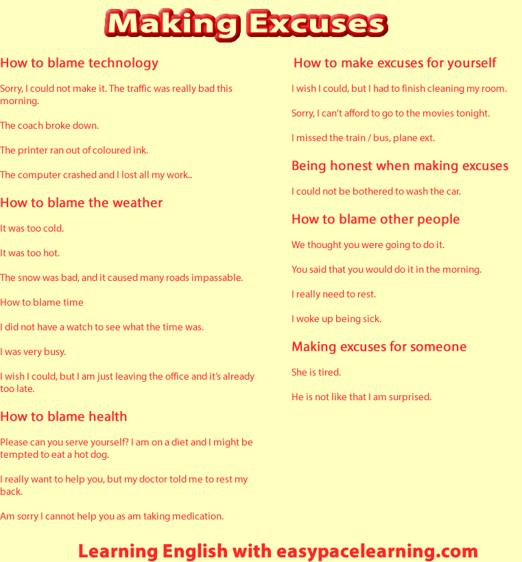 Making excuses for yourself or someone else English lesson