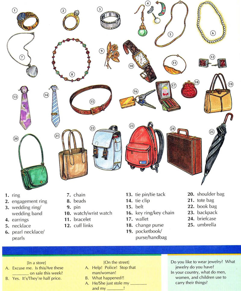 Jewelry and accessories vocabulary using pictures 