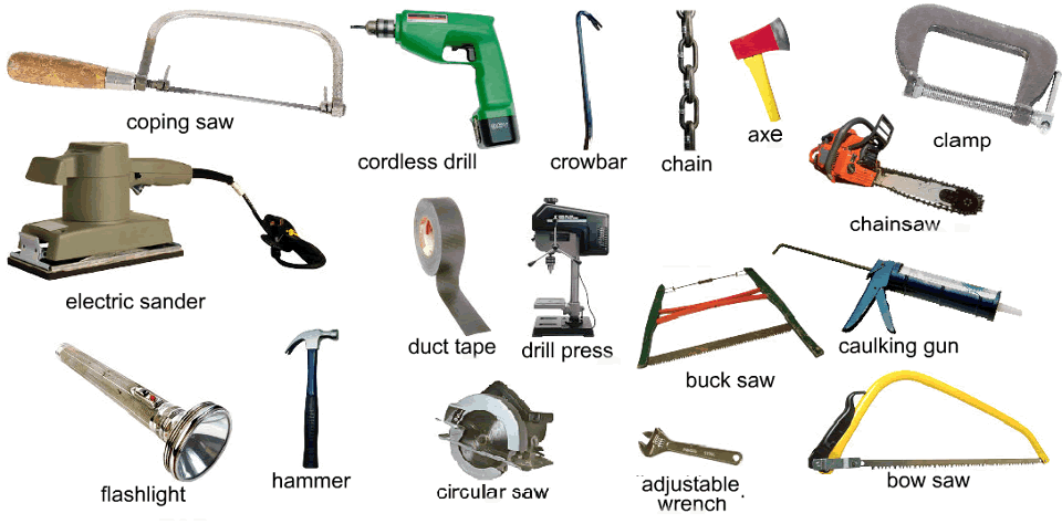 Tools you might find in a workshop to do jobs inside a home and outside