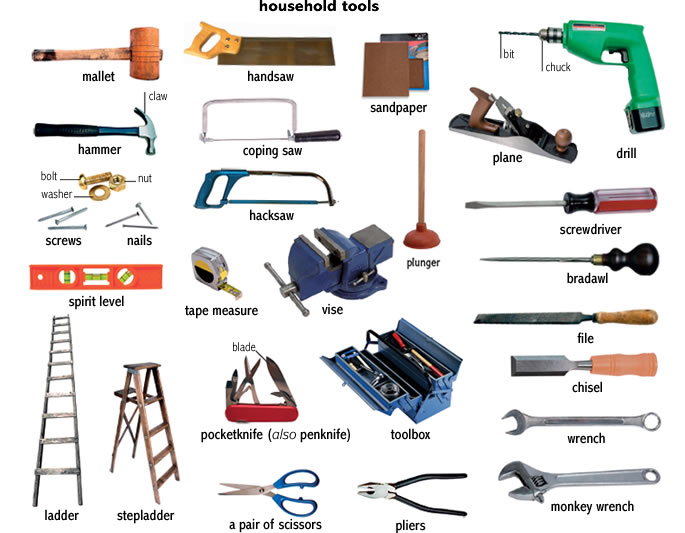 Learning the vocabulary for tools that you might find in a workshop that you can use inside a home and outside