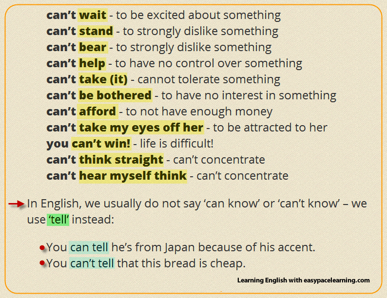 Examples of using the word can't in a sentence with their meaning